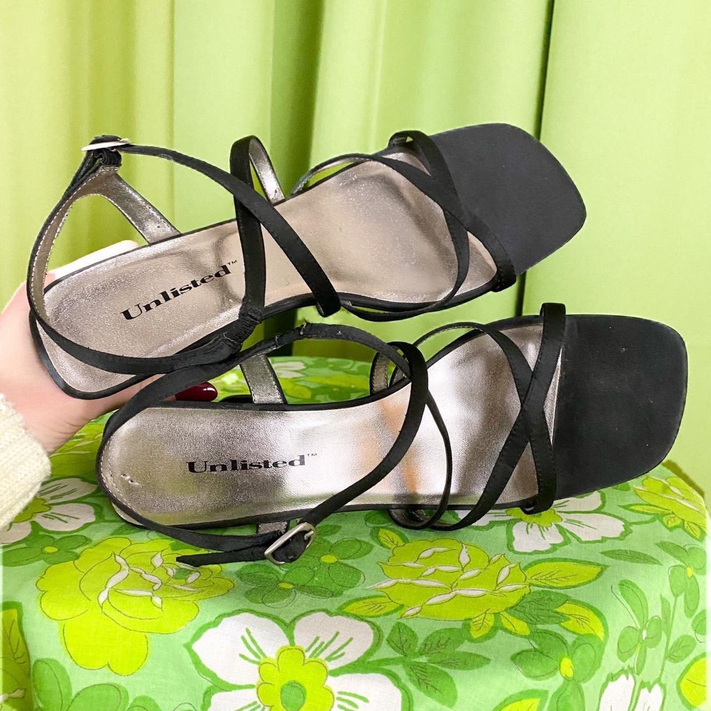 90s Vintage Black Strappy Chunky Square Toe High Heels