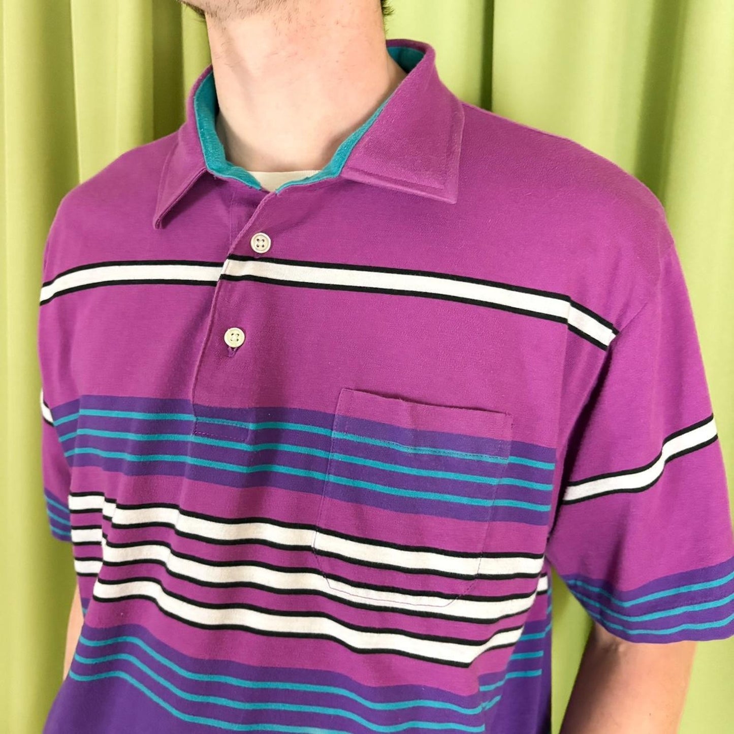 80s Vintage Purple and Blue Horizontal Striped Polo Shirt