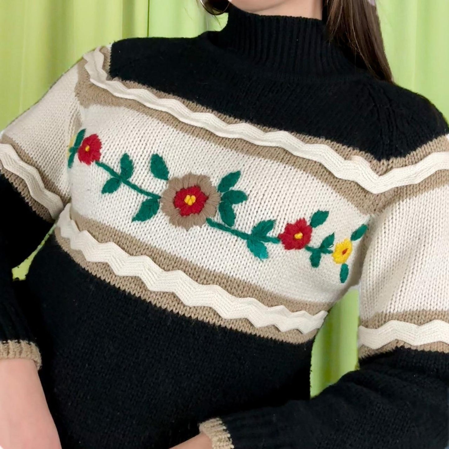 80s Vintage Black Tan and Red Floral Knit Rick Rack Sweater