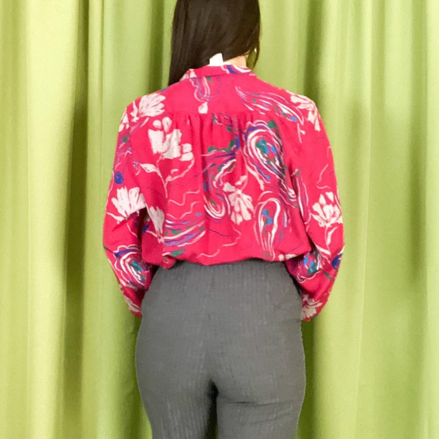 80s Vintage Hot Pink and Blue Floral Print Mock Neck Blouse