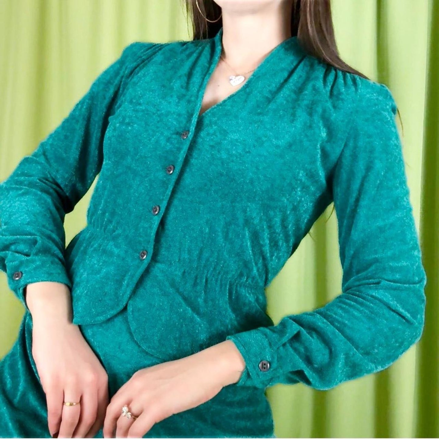 80s Vintage Teal 2 Piece A-Line Peplum Midi Dress
