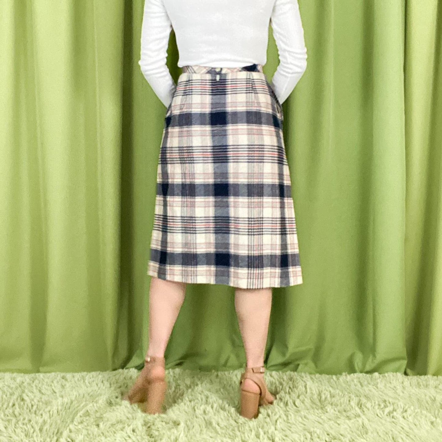 70s Vintage Red Navy Blue and White Plaid Pleated Wool Blend Midi Skirt