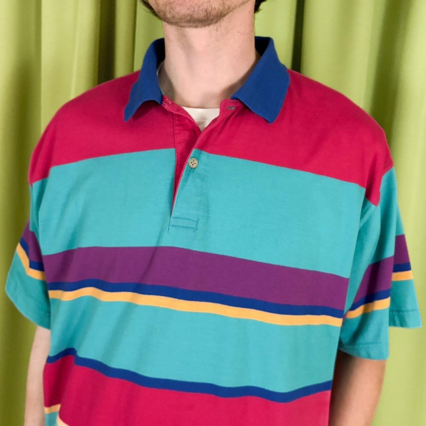 80s Vintage Multi-Coloured Striped Polo Shirt