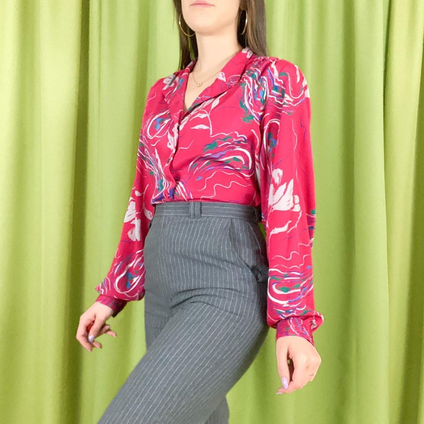 80s Vintage Hot Pink and Blue Floral Print Mock Neck Blouse