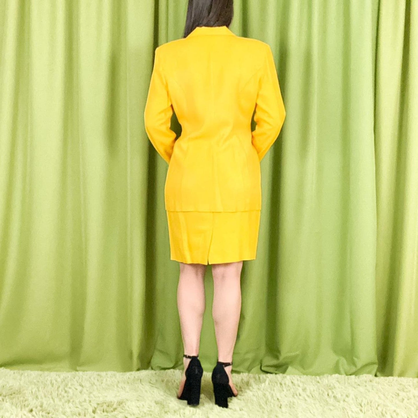 80s Vintage Bright Yellow 2 Piece Longline Asymmetrical Skirt Suit