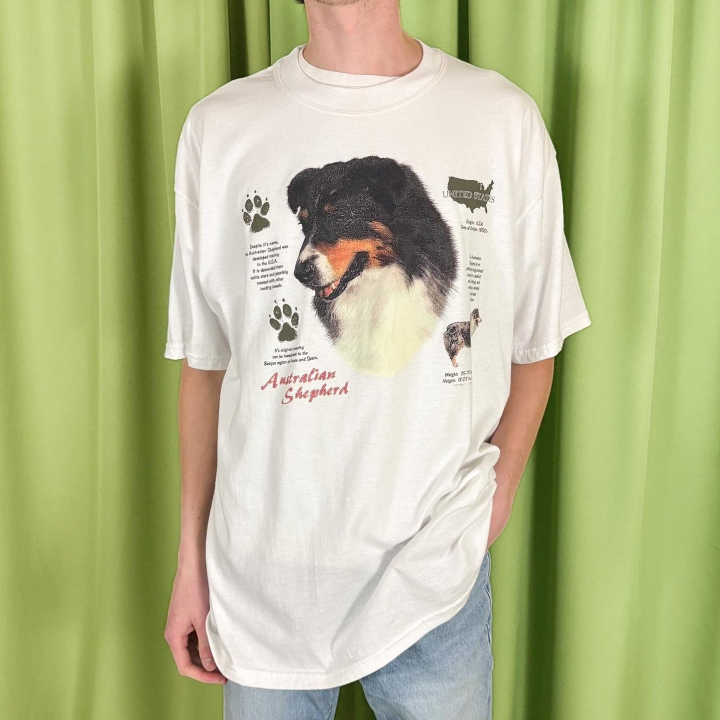 90s Vintage White Australian Shepherd Dog Graphic Tee