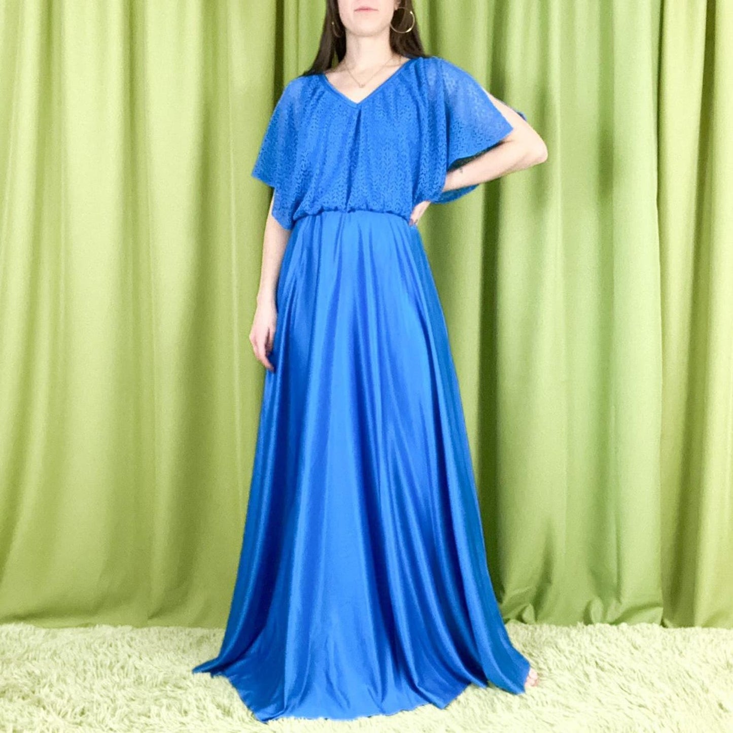 80s Vintage Royal Blue Crochet Top Bat Wing Sleeve Maxi Gown