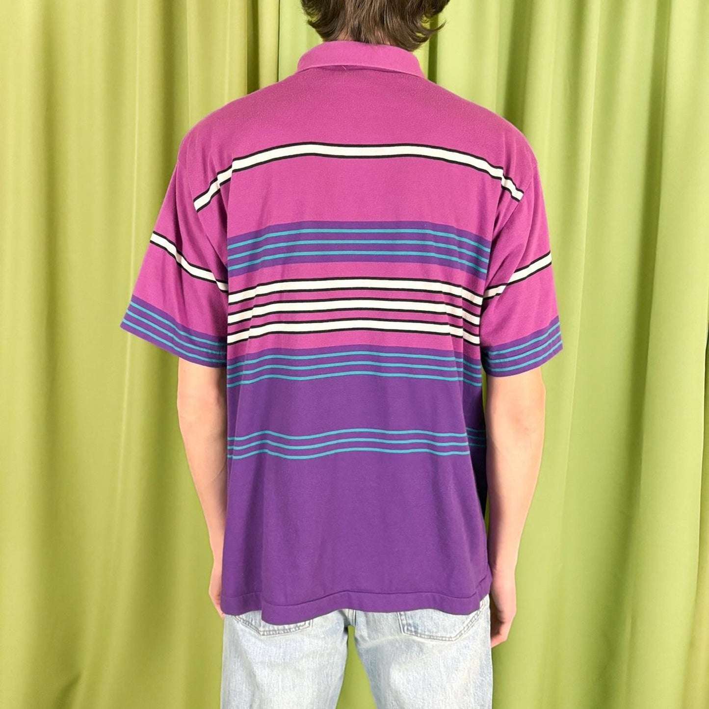 80s Vintage Purple and Blue Horizontal Striped Polo Shirt