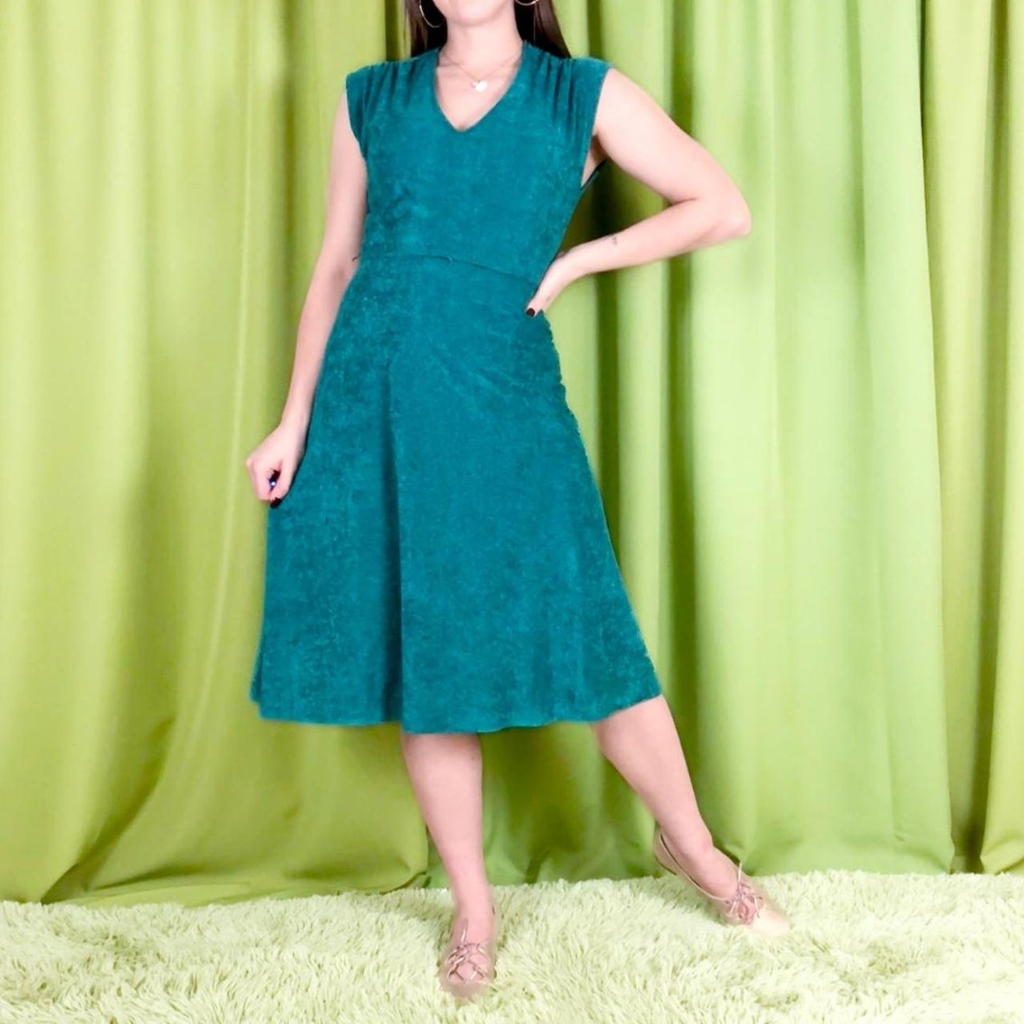 80s Vintage Teal 2 Piece A-Line Peplum Midi Dress