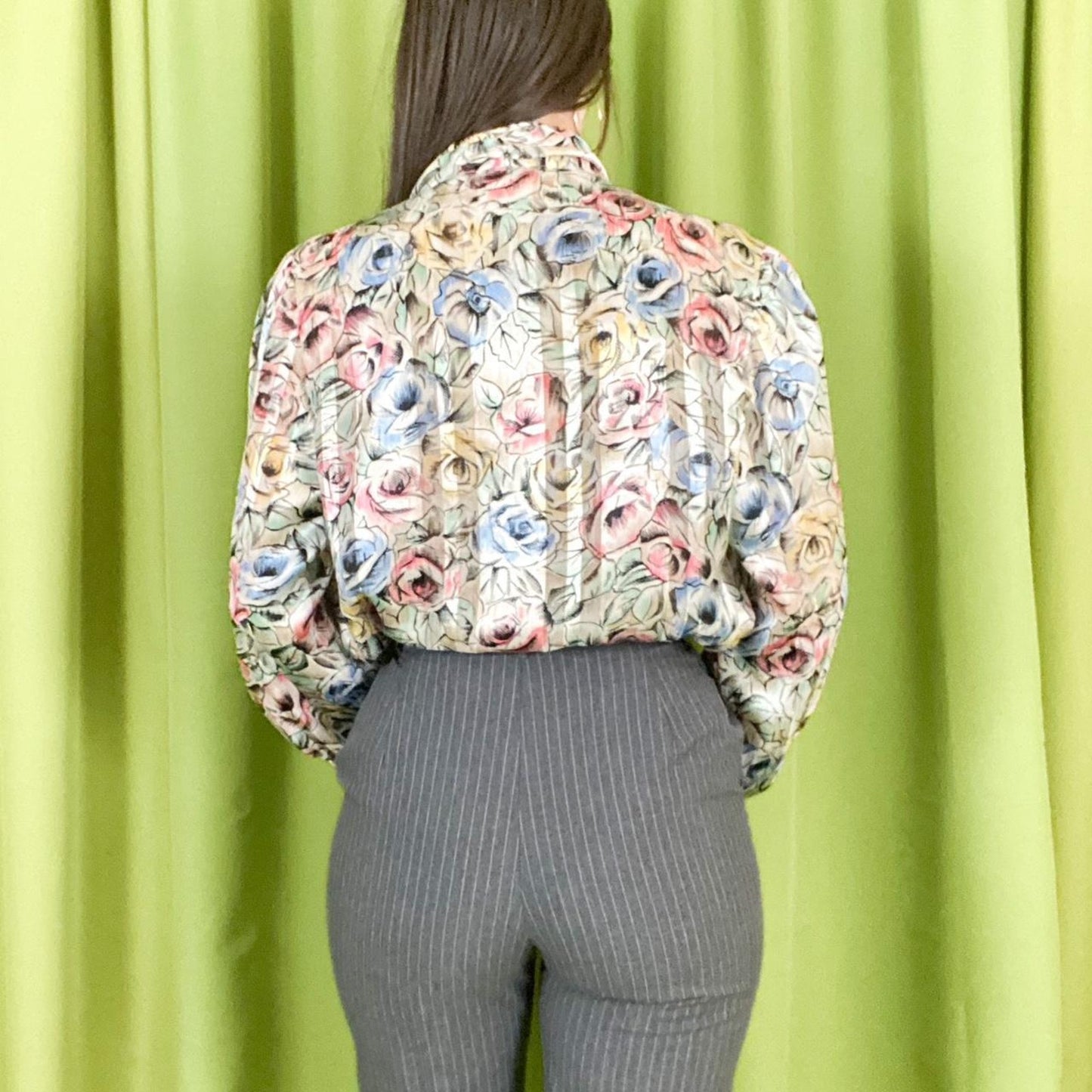 80s Vintage Pastel Pink and Blue Floral Print Satin Mock Neck Blouse