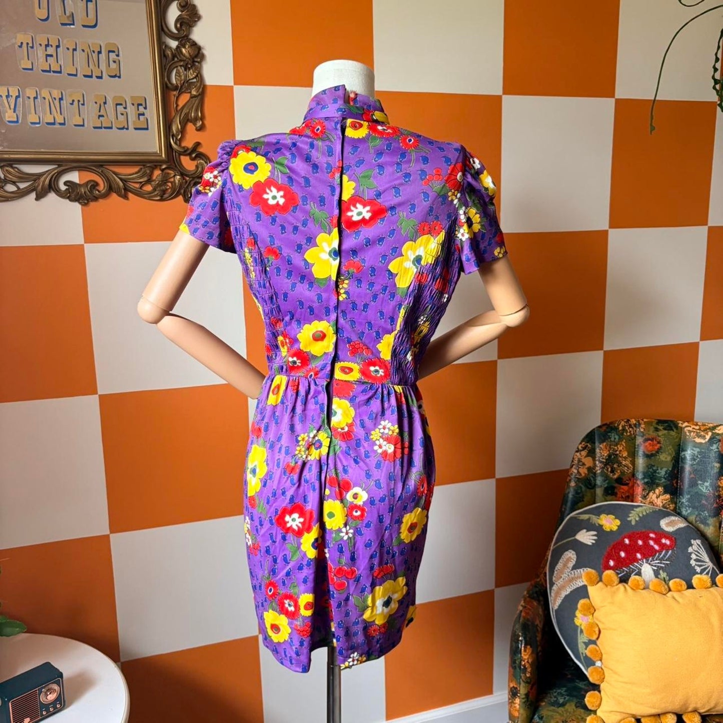 70s Vintage Purple Yellow and Red Fruit Flower Power Print Smocked Mini Dress