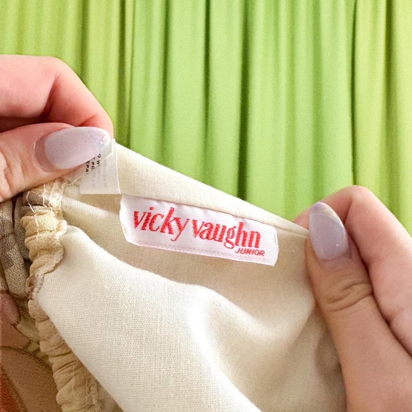 70s Vintage Cream Floral Print Vicky Vaughn Maxi Dress with Ruffle Trim