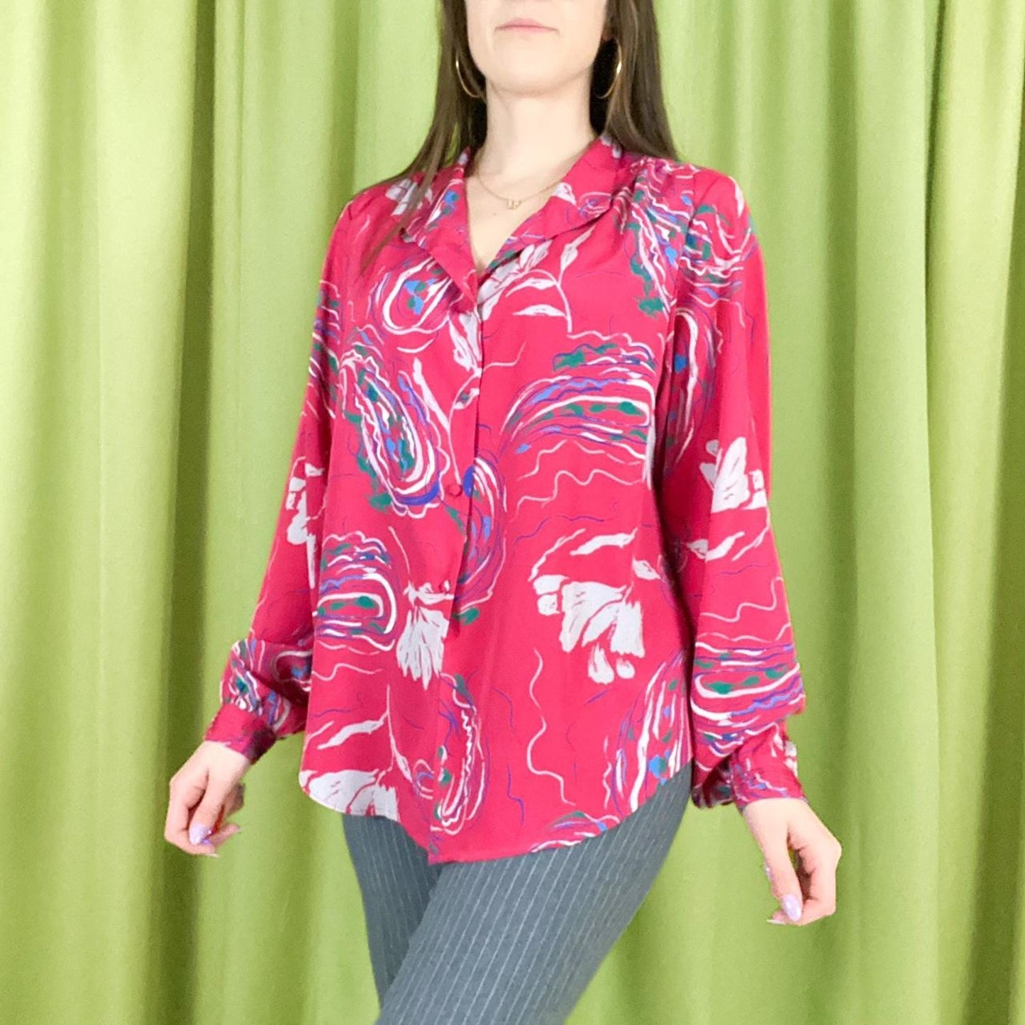 80s Vintage Hot Pink and Blue Floral Print Mock Neck Blouse