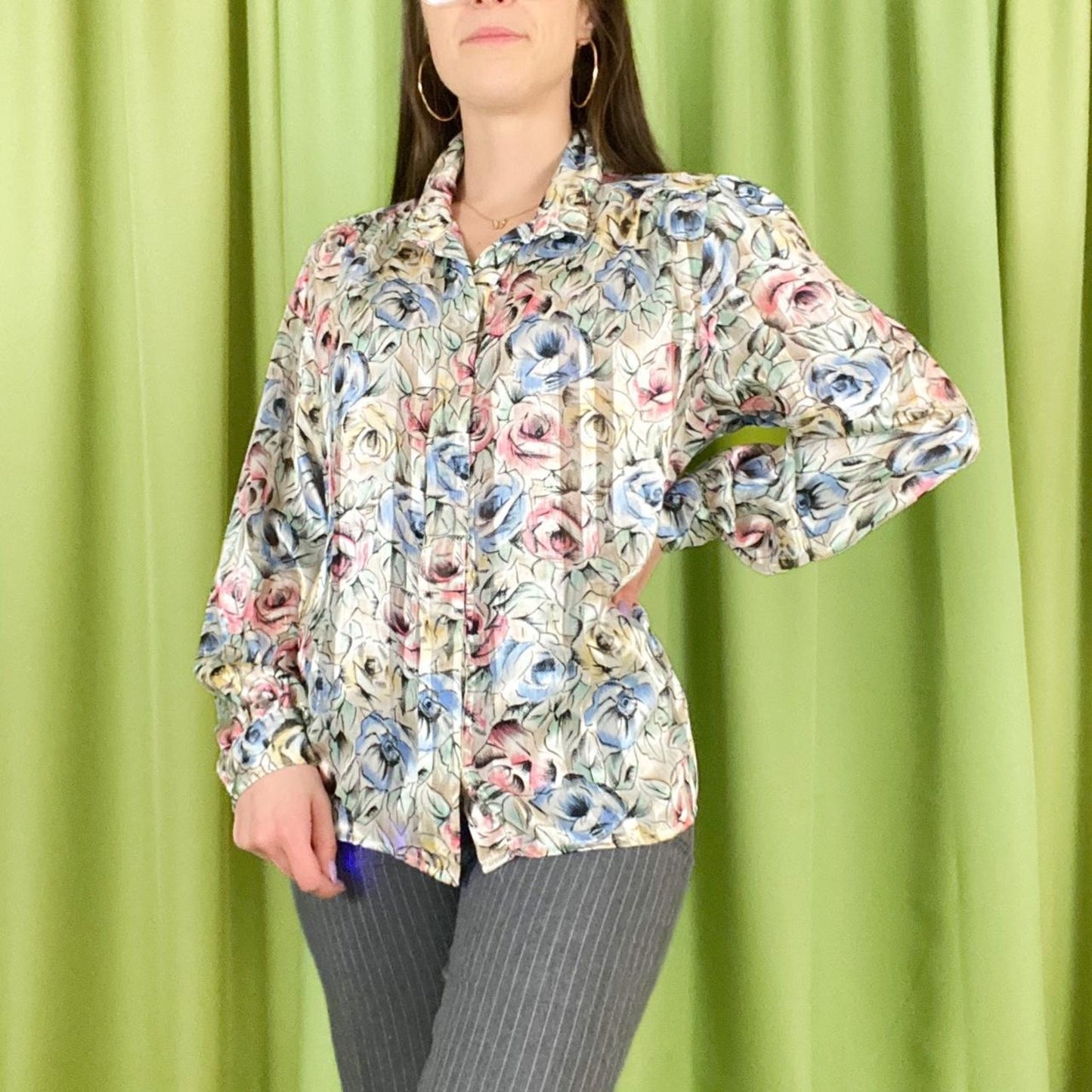 80s Vintage Pastel Pink and Blue Floral Print Satin Mock Neck Blouse