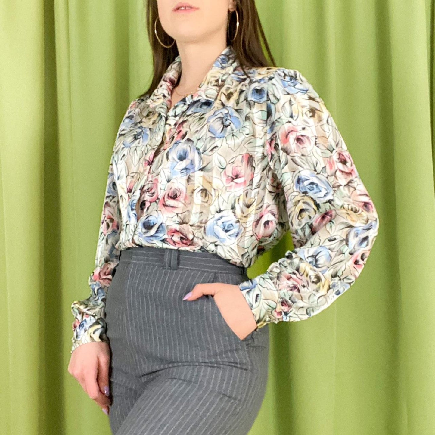 80s Vintage Pastel Pink and Blue Floral Print Satin Mock Neck Blouse
