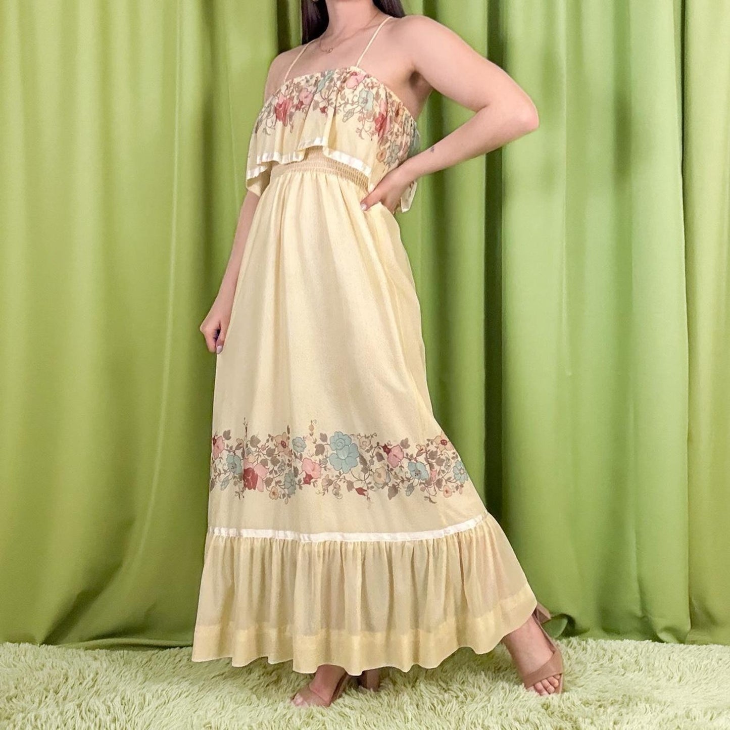 70s Vintage Cream Floral Print Vicky Vaughn Maxi Dress with Ruffle Trim