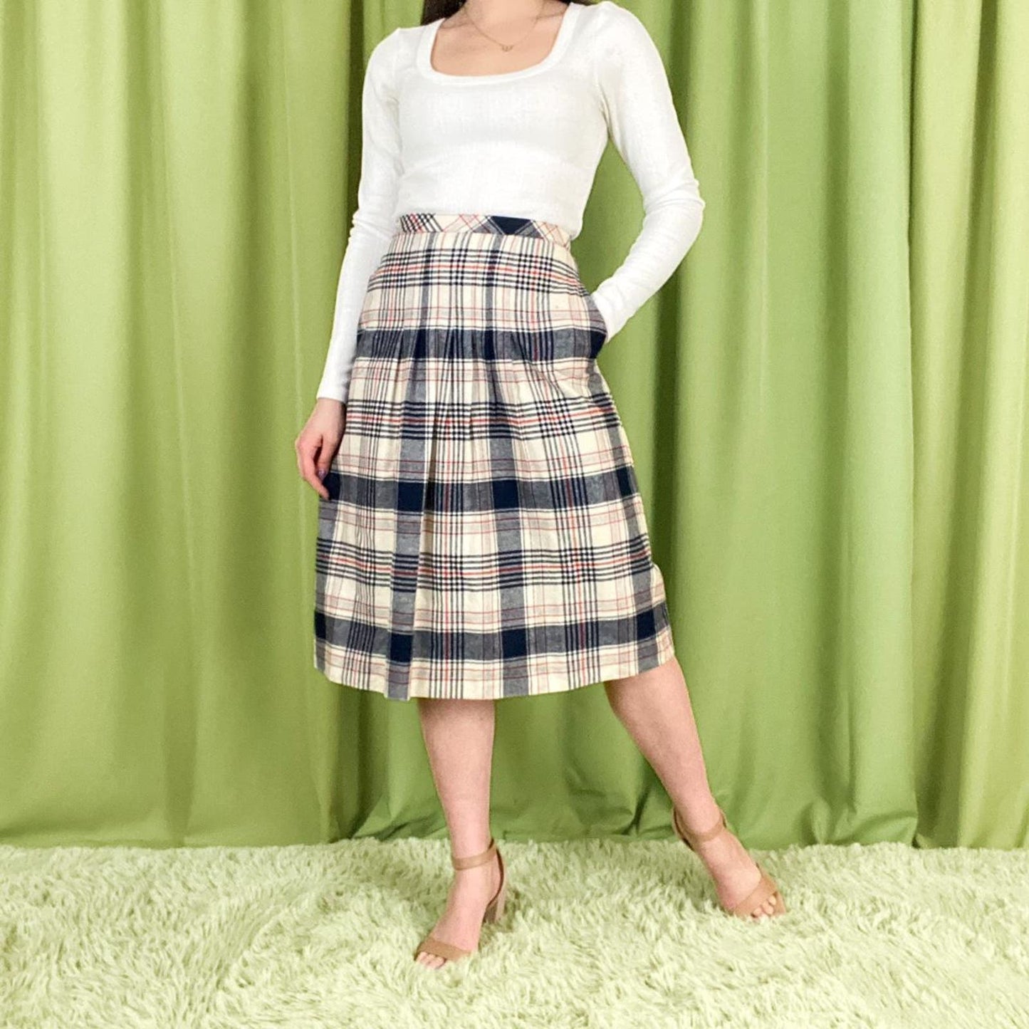 70s Vintage Red Navy Blue and White Plaid Pleated Wool Blend Midi Skirt