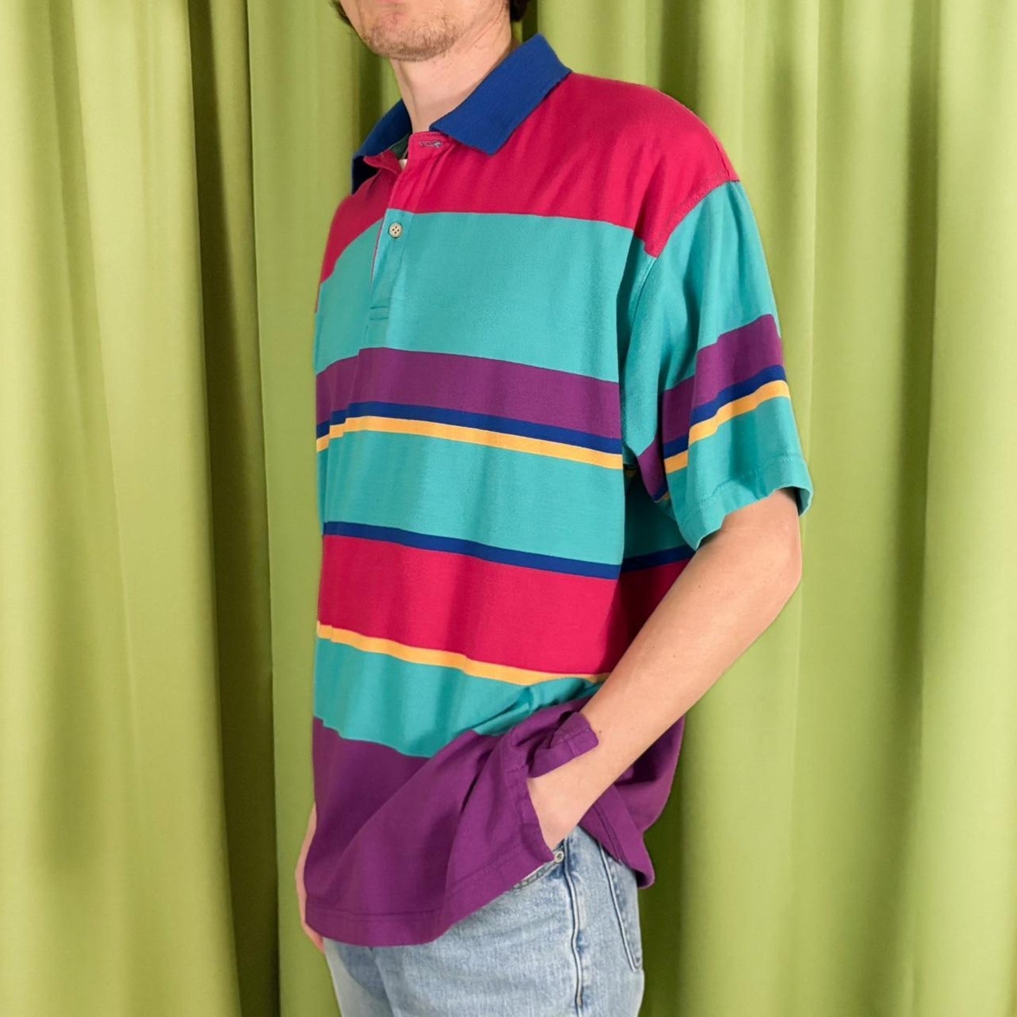 80s Vintage Multi-Coloured Striped Polo Shirt