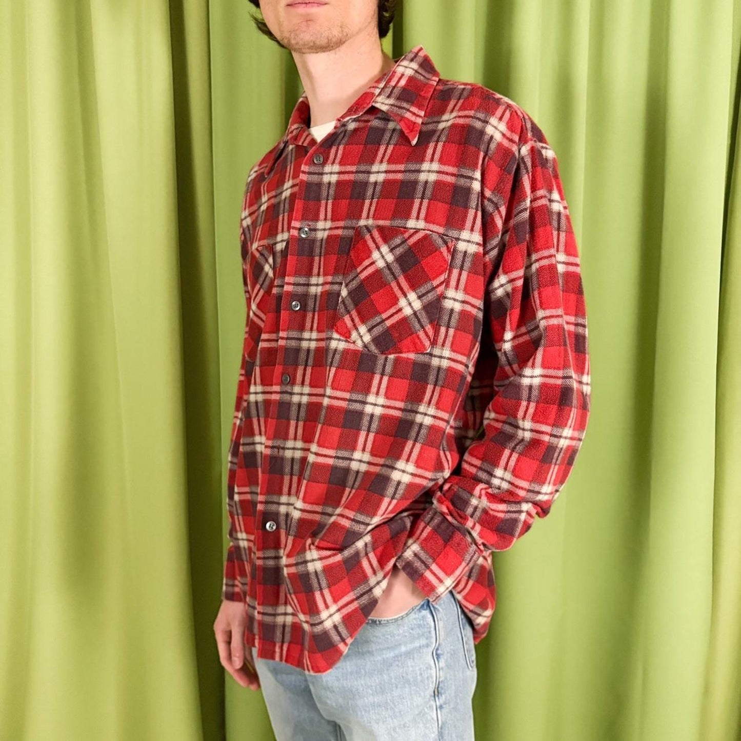 80s Vintage Red and Black Plaid Flannel Shirt