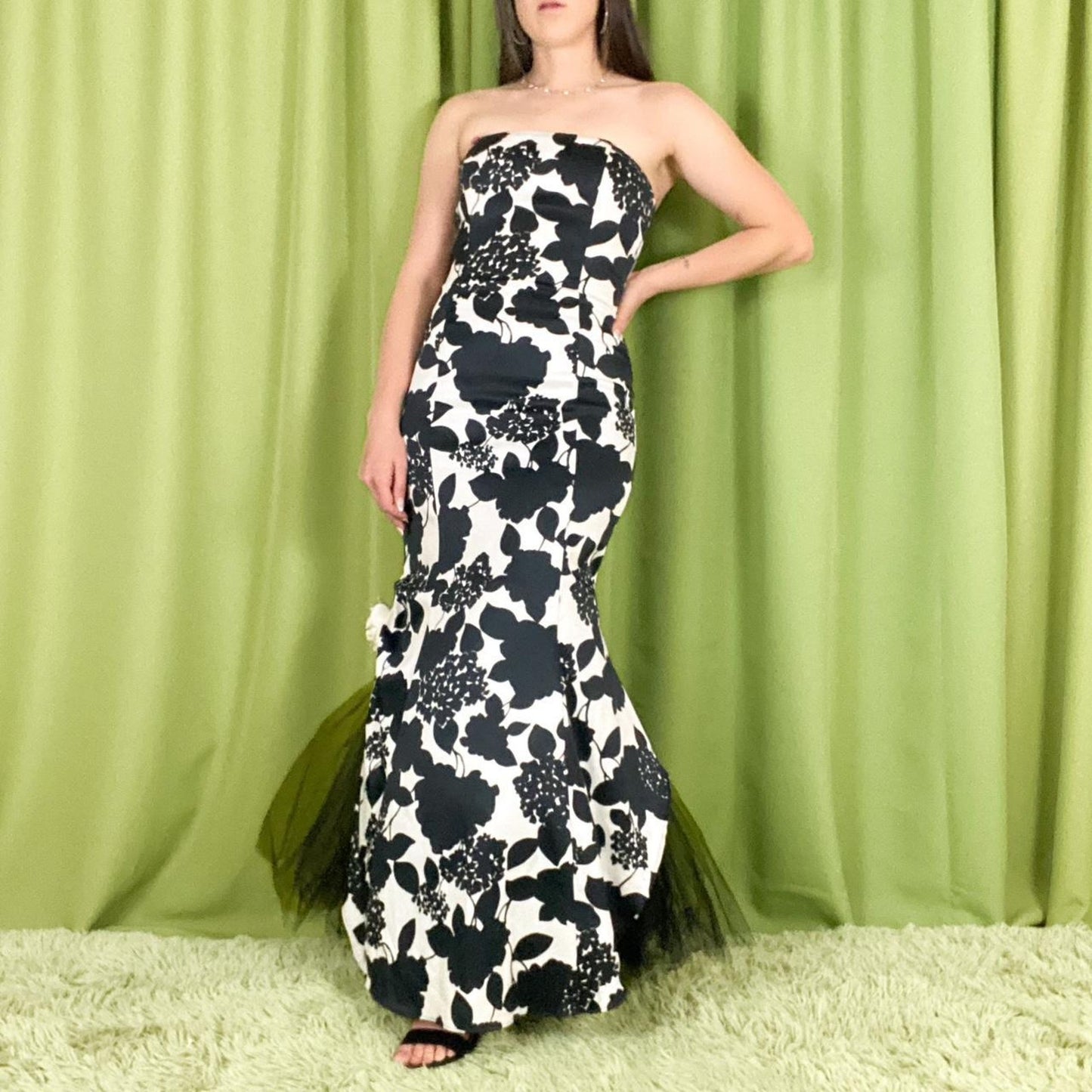 90s Vintage Black and White Floral Print Strapless Trumpet Gown