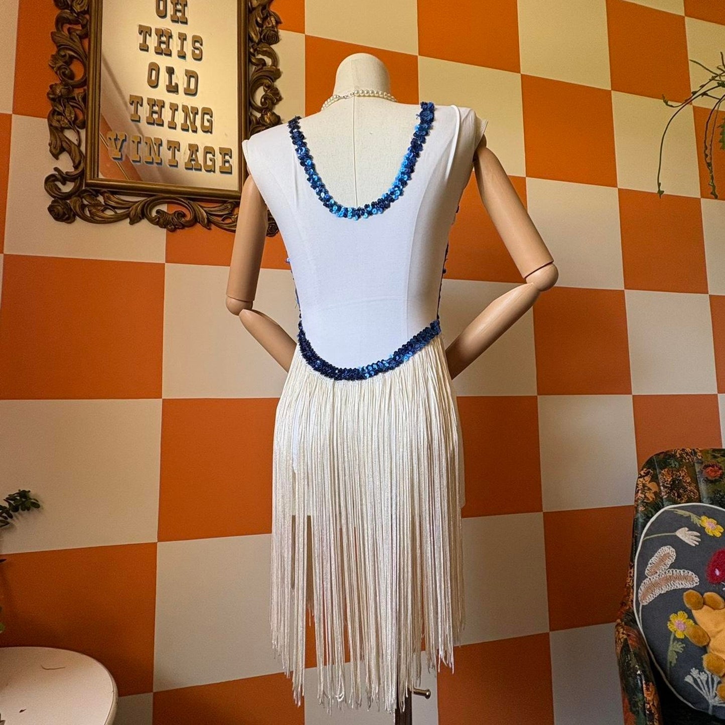 80s Vintage Blue and White Sequin and Fringe Showgirl Costume