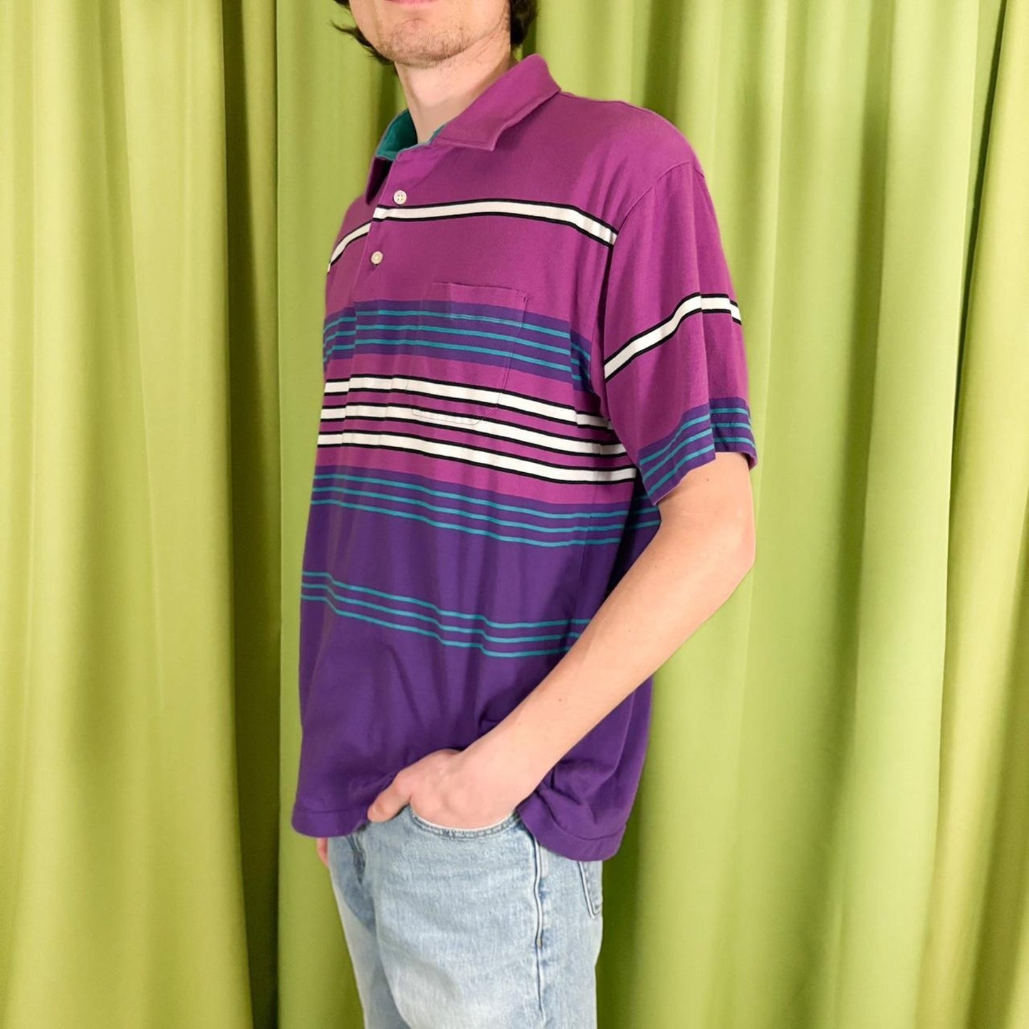 80s Vintage Purple and Blue Horizontal Striped Polo Shirt