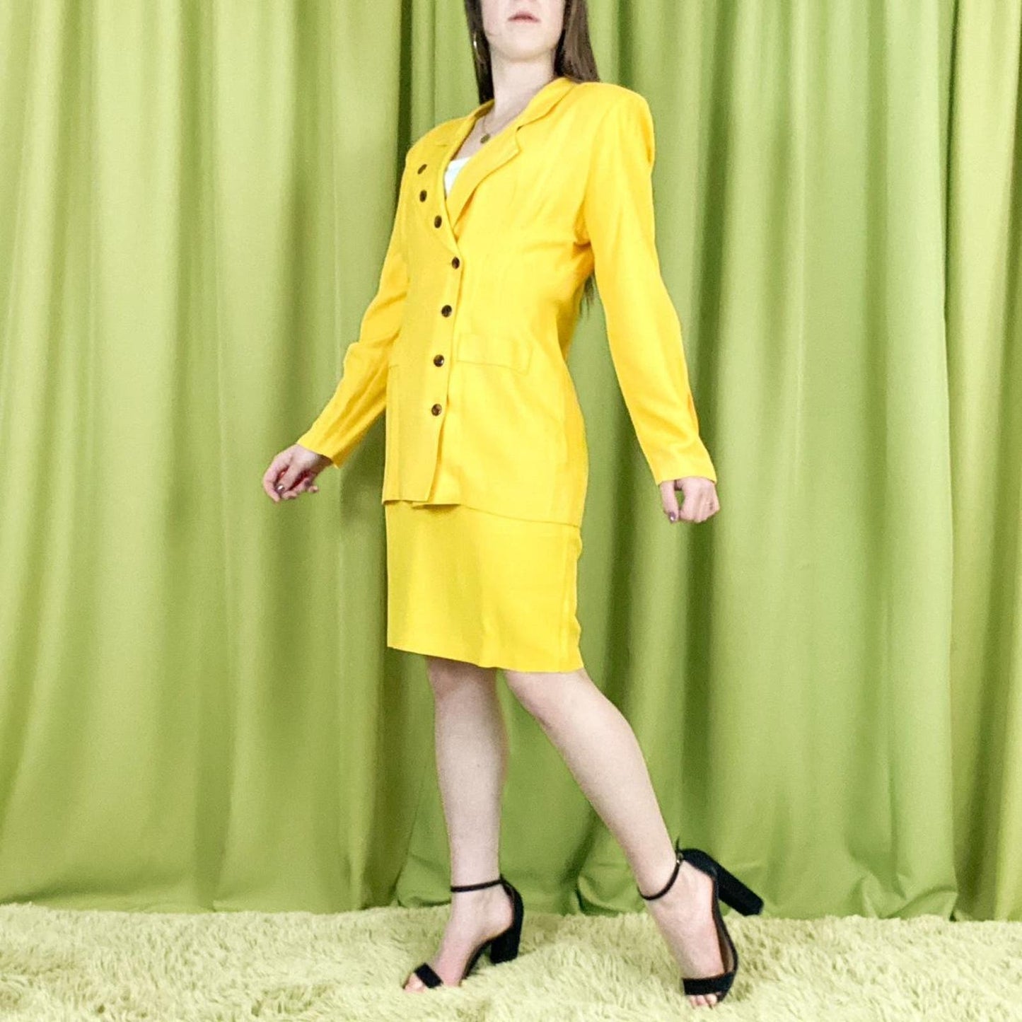 80s Vintage Bright Yellow 2 Piece Longline Asymmetrical Skirt Suit