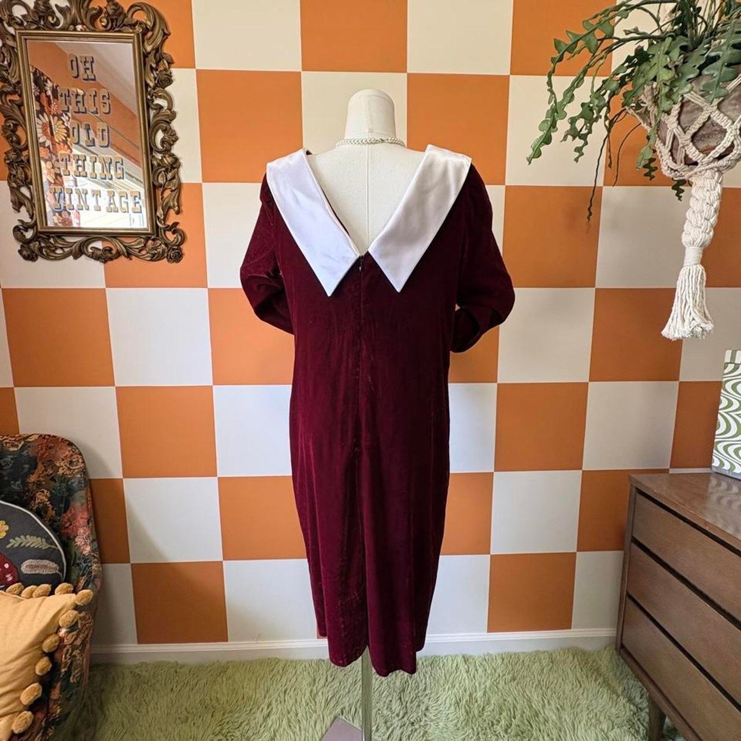 80s Vintage Maroon Velvet Midi Dress with White Satin Cowl Boat Neck Collar