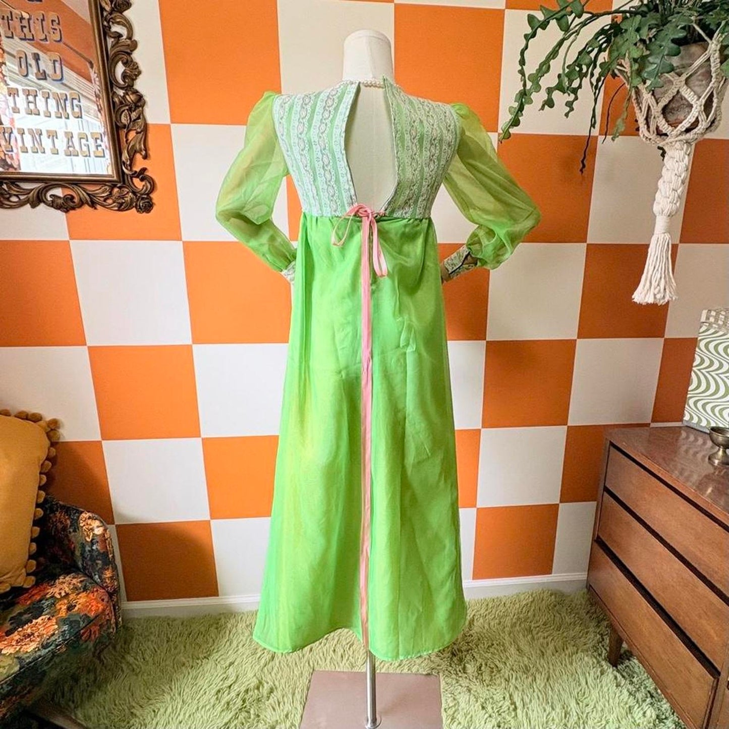 60s Vintage Bright Green Lace Balloon Sleeve Empire Waist Gown