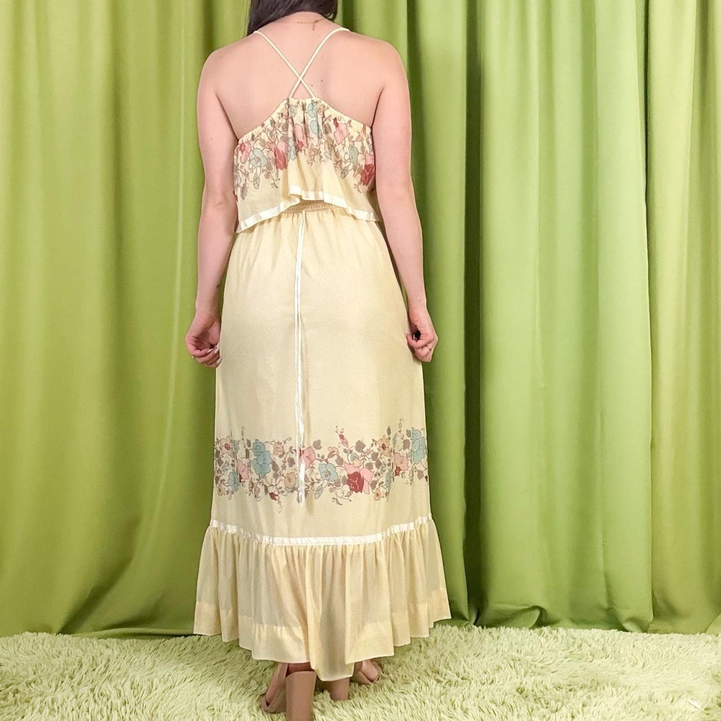 70s Vintage Cream Floral Print Vicky Vaughn Maxi Dress with Ruffle Trim