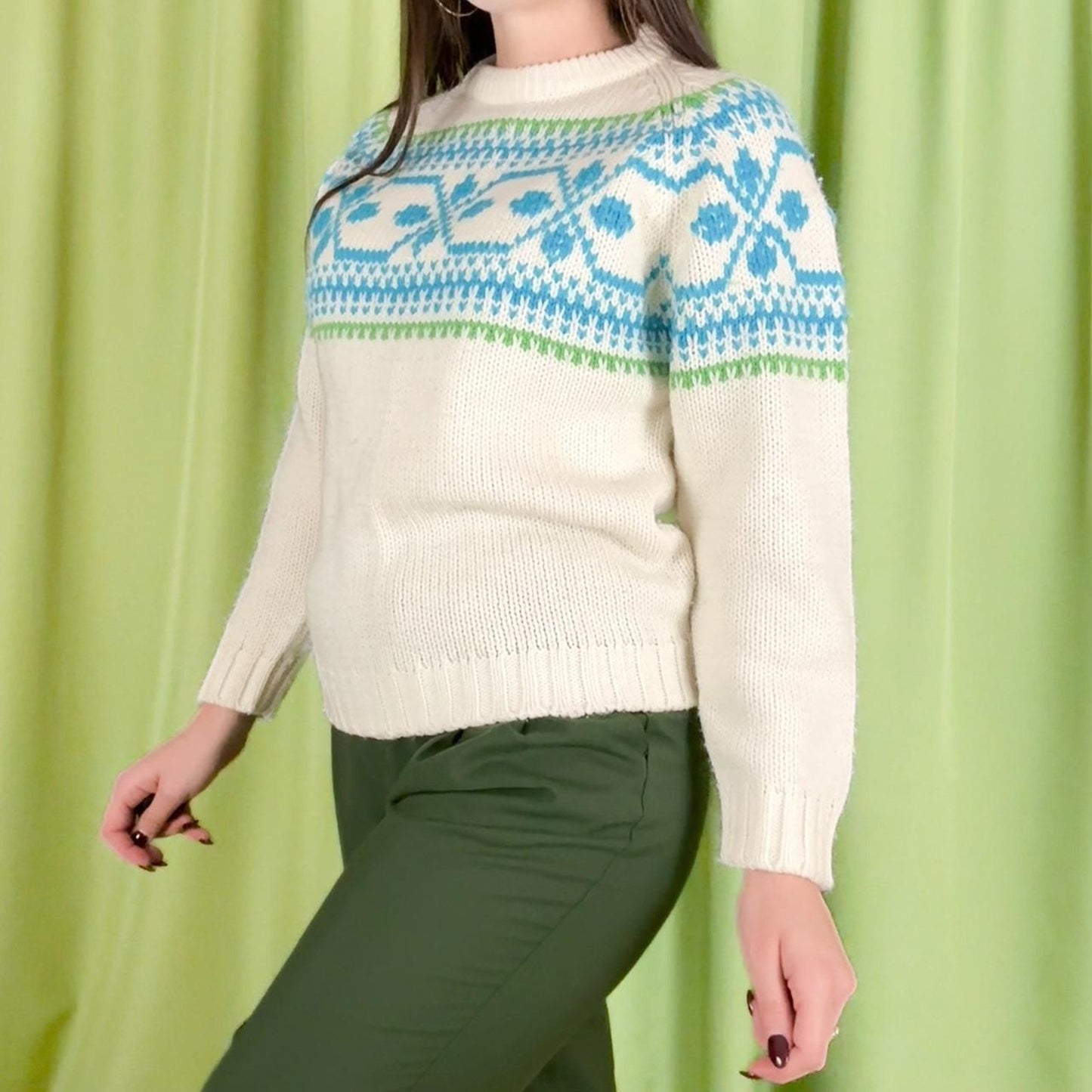 70s Vintage Cream and Blue Fair Isle Knit Sweater