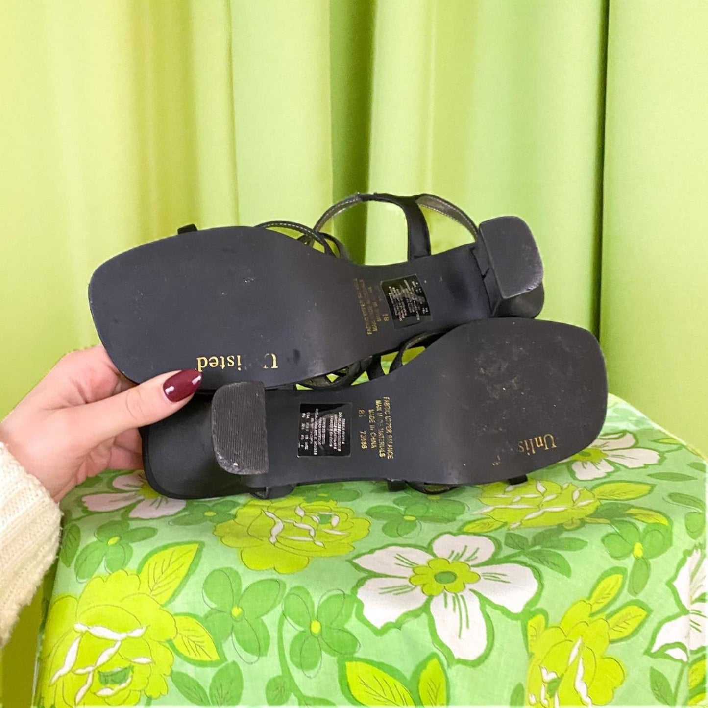90s Vintage Black Strappy Chunky Square Toe High Heels