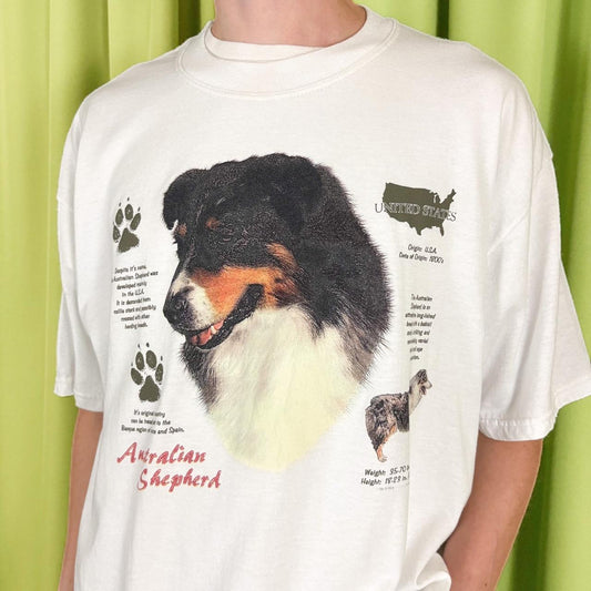 90s Vintage White Australian Shepherd Dog Graphic Tee
