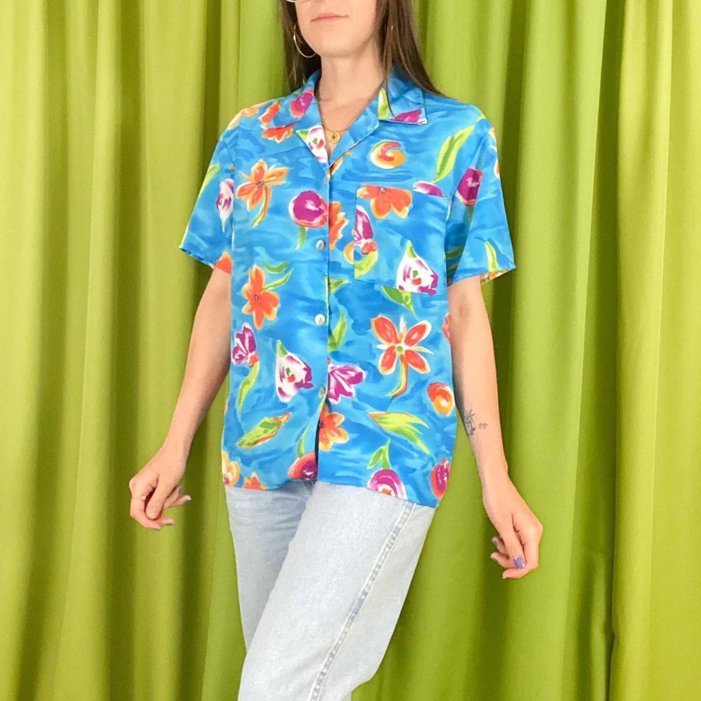 90s Vintage Blue Pink and Orange Flower Power Floral Print Button Down Shirt