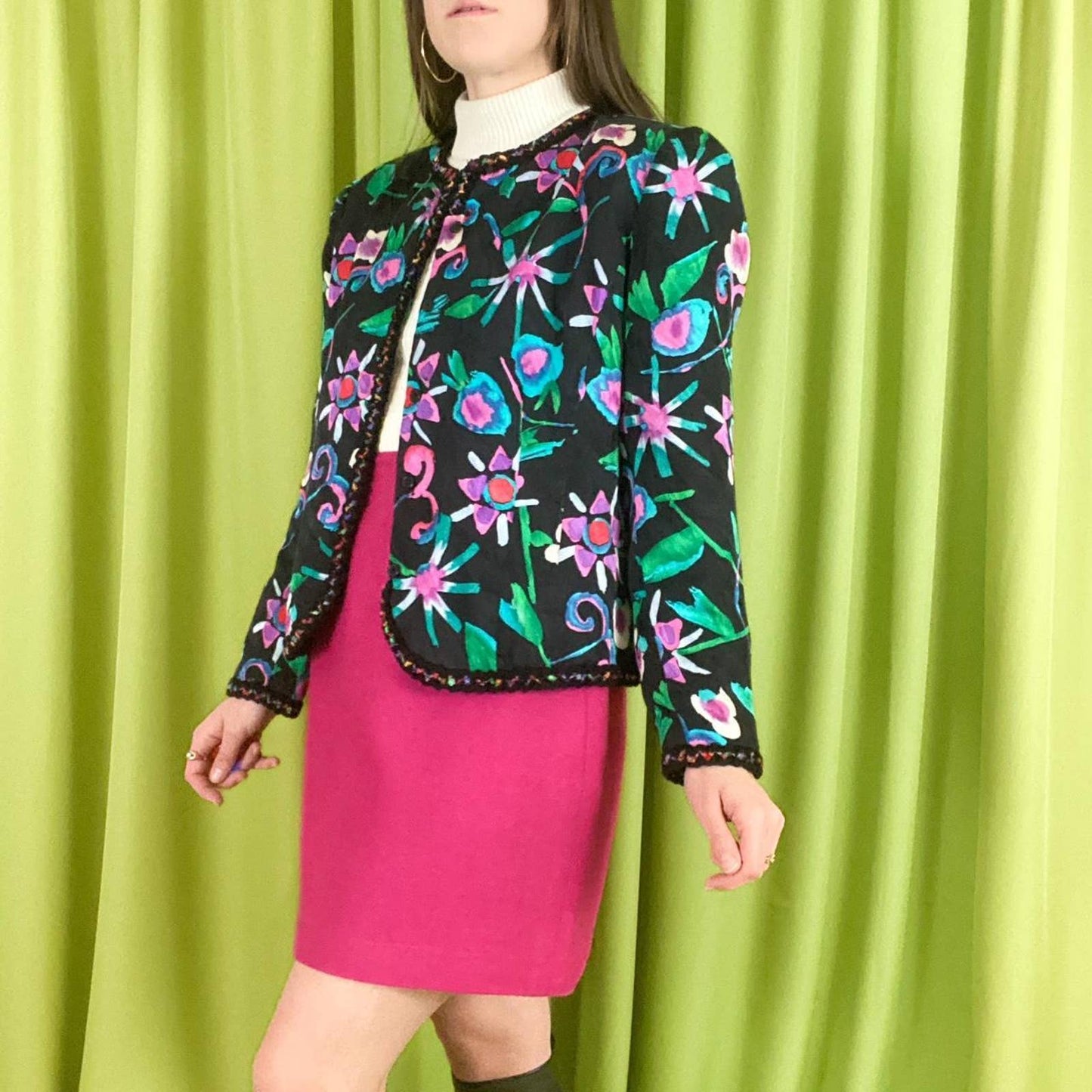 80s Vintage Black Teal and Hot Pink Floral Print 100% Silk Blazer