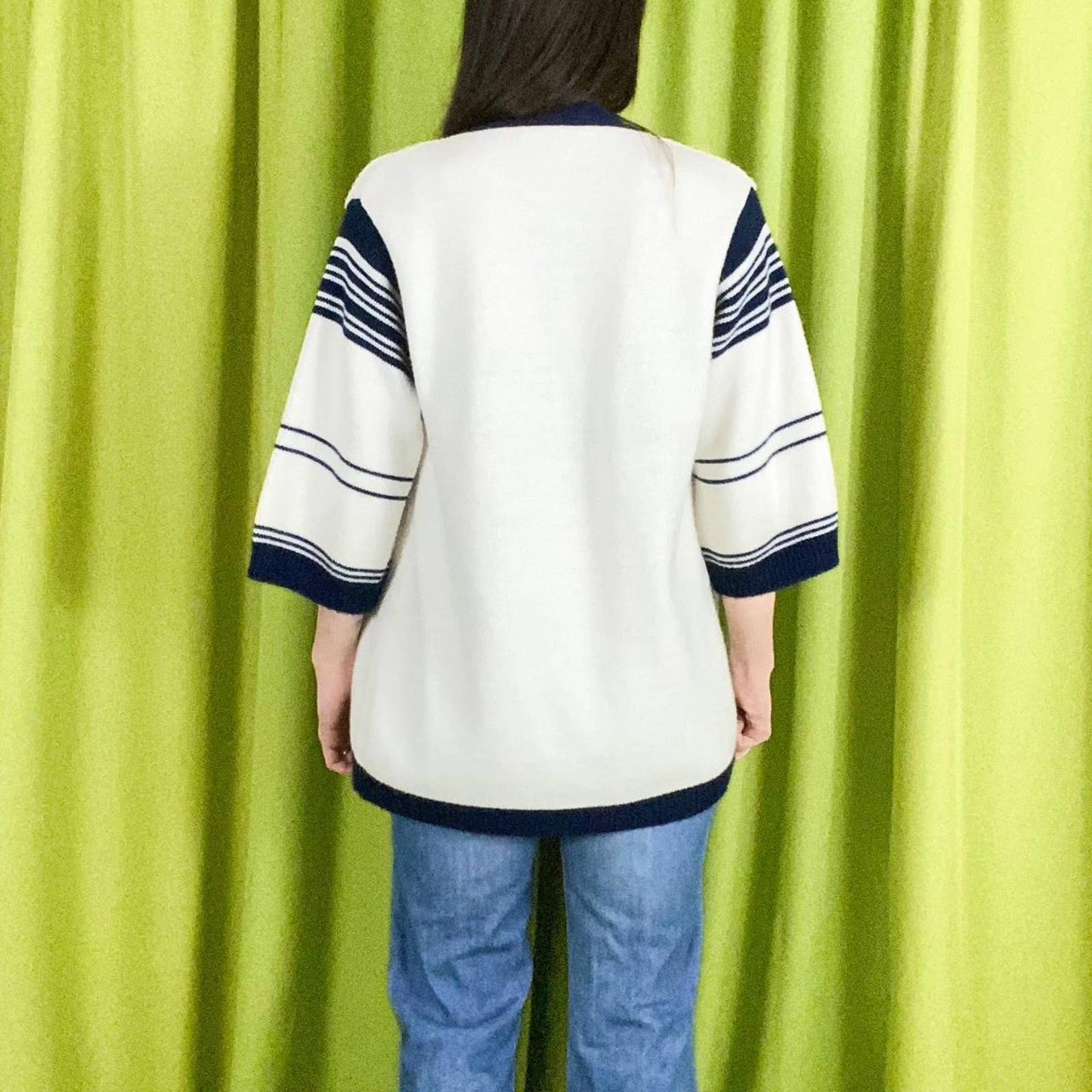 70s Vintage White and Navy Striped Wide Sleeve Open Knit Cardigan