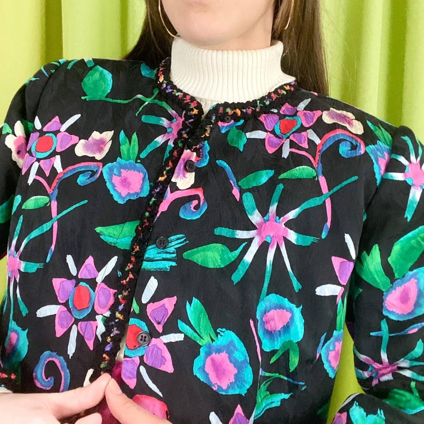 80s Vintage Black Teal and Hot Pink Floral Print 100% Silk Blazer