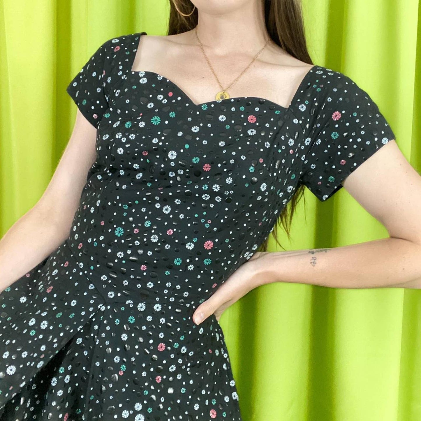 50s Vintage Black Pink and White Atomic Floral Print A Line Day Dress