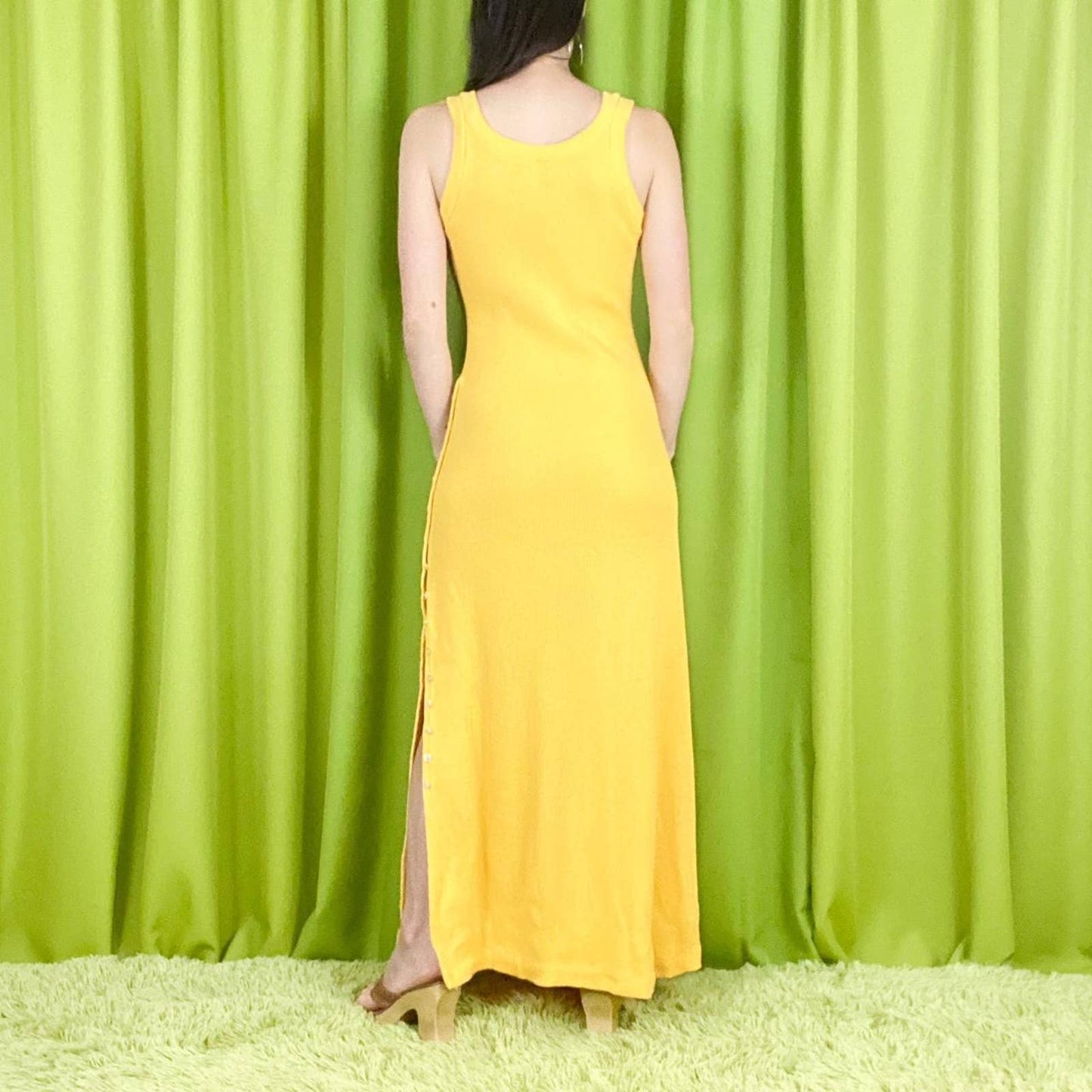 70s Vintage Bright Yellow Rib Knit Side Slit Button Up Maxi Dress