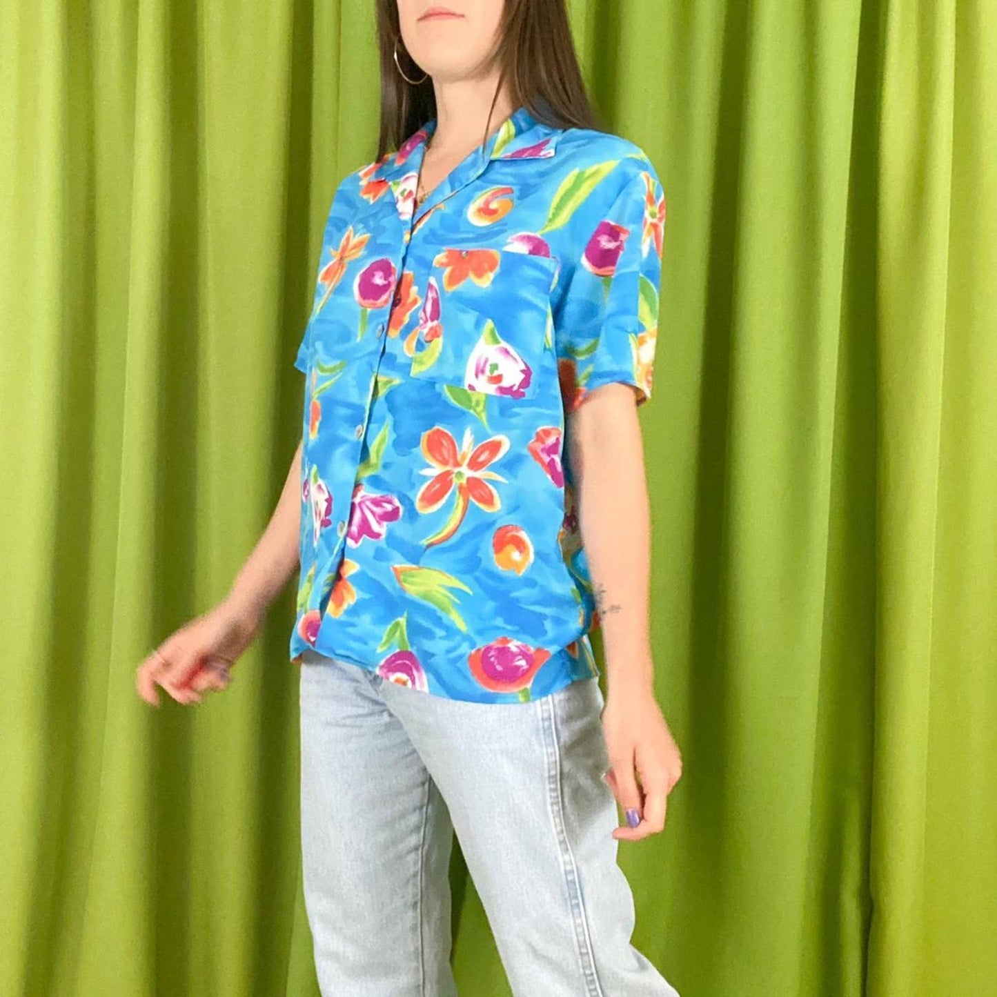 90s Vintage Blue Pink and Orange Flower Power Floral Print Button Down Shirt