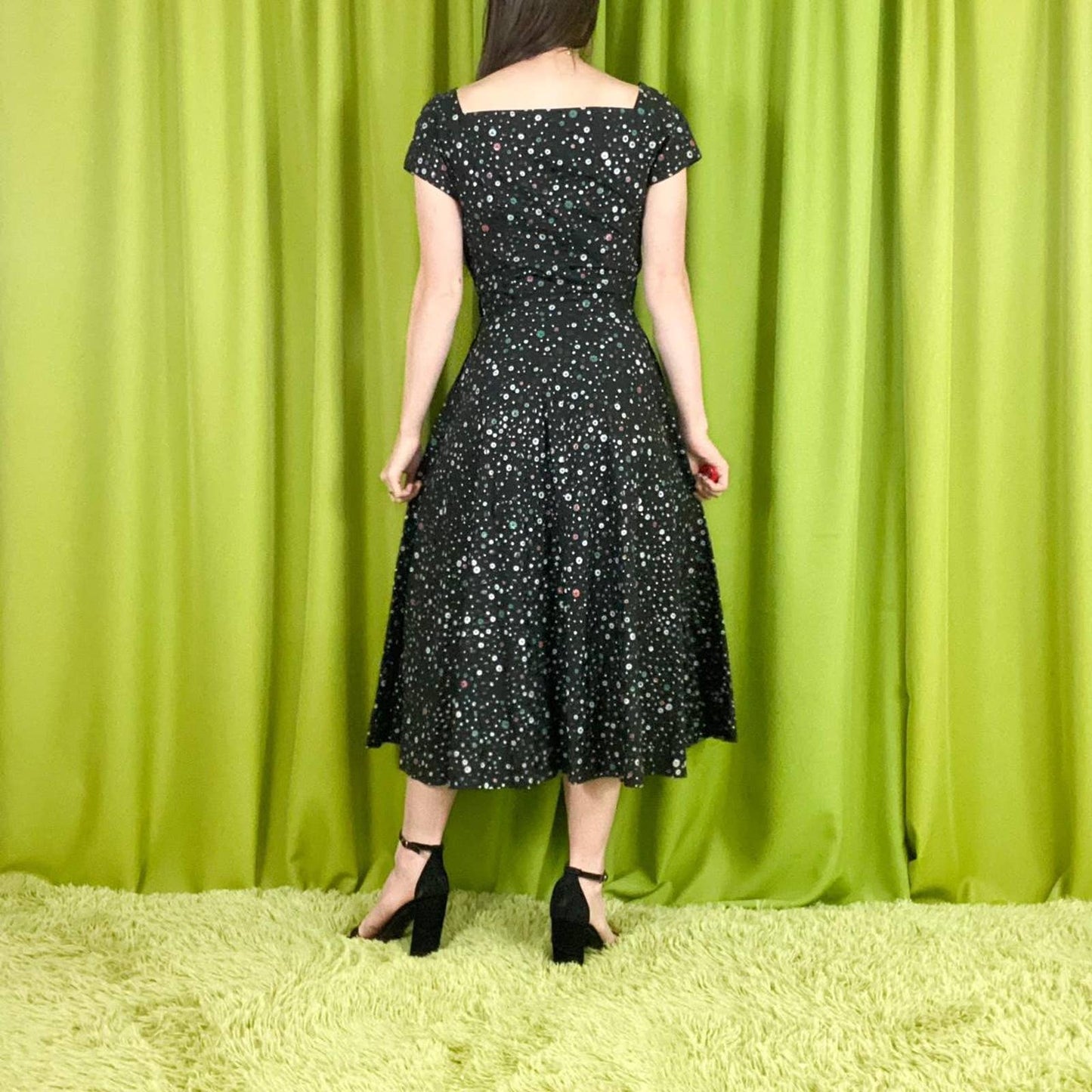 50s Vintage Black Pink and White Atomic Floral Print A Line Day Dress
