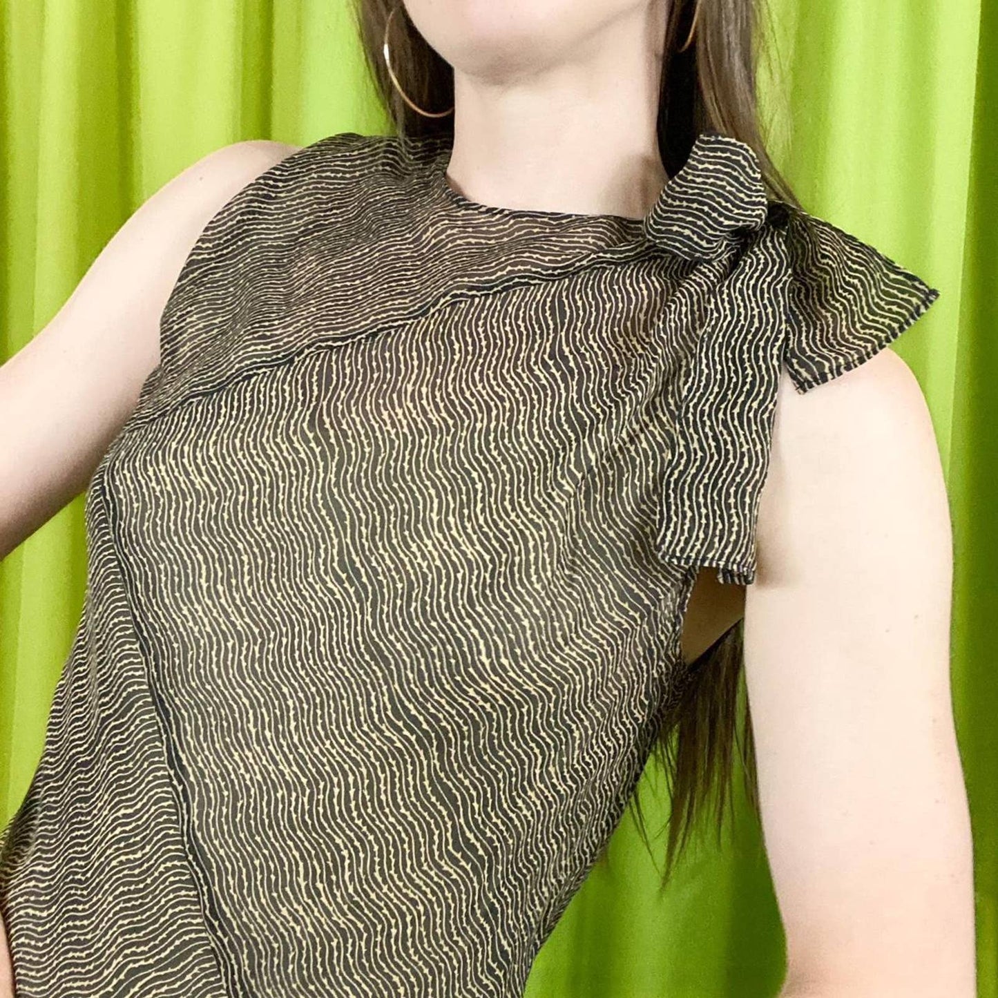 Y2K Vintage Tan and Black Swirl Print 100% Silk Sheath Dress with Bow