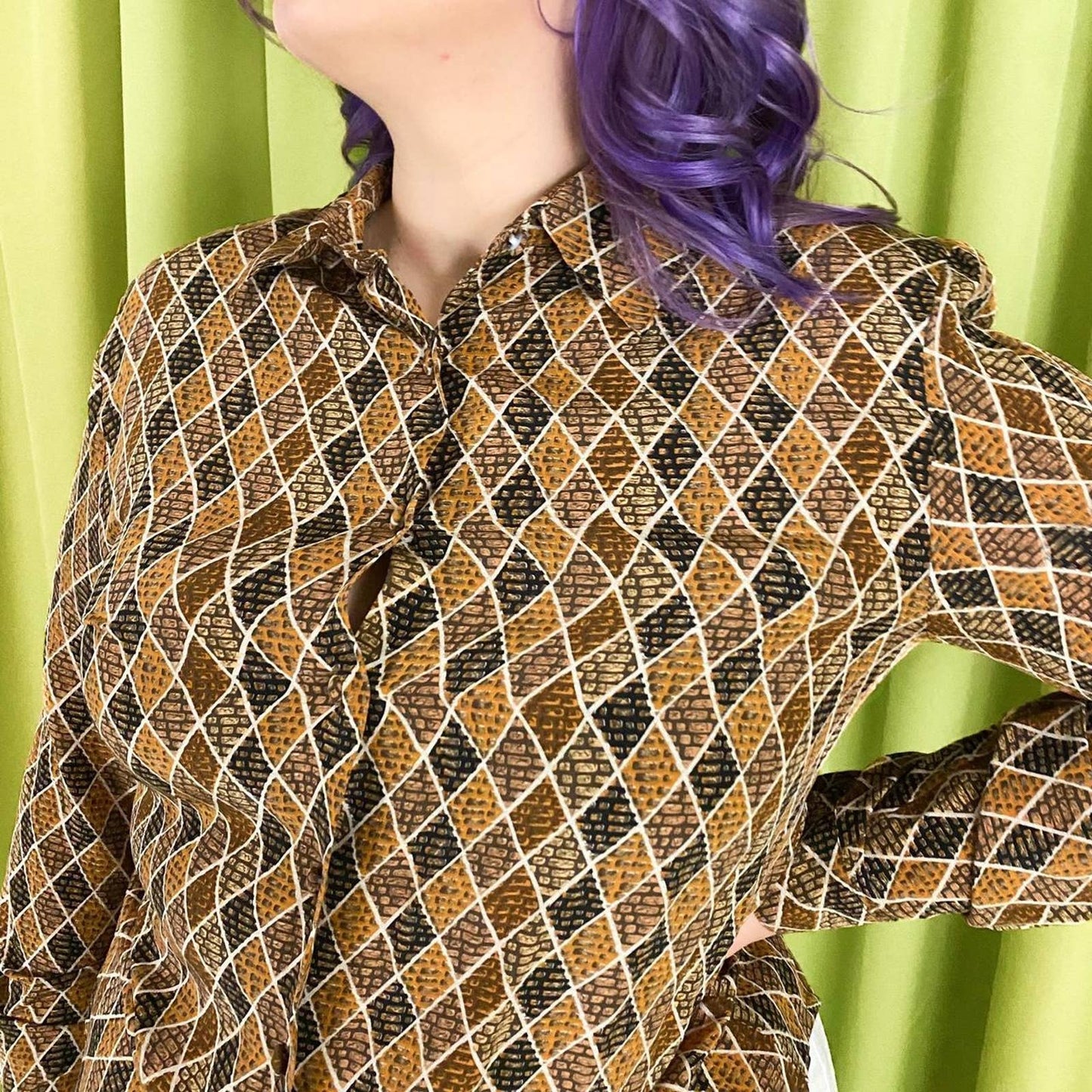 90s Vintage Black and Brown Diamond Print 100% Silk Blouse