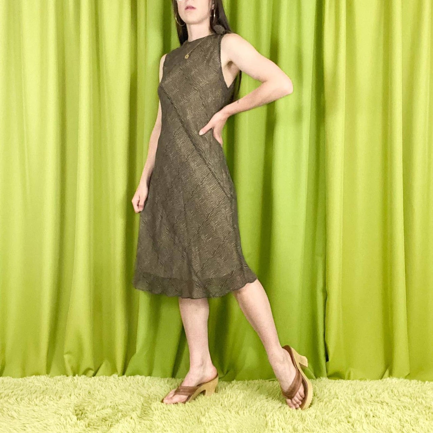 Y2K Vintage Tan and Black Swirl Print 100% Silk Sheath Dress with Bow