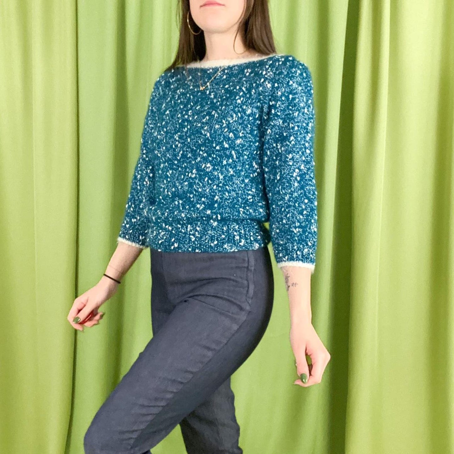 80s Vintage Teal and White Boucle Knit Boat Neck Sweater
