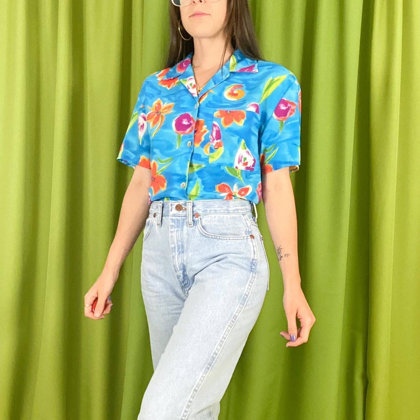 90s Vintage Blue Pink and Orange Flower Power Floral Print Button Down Shirt