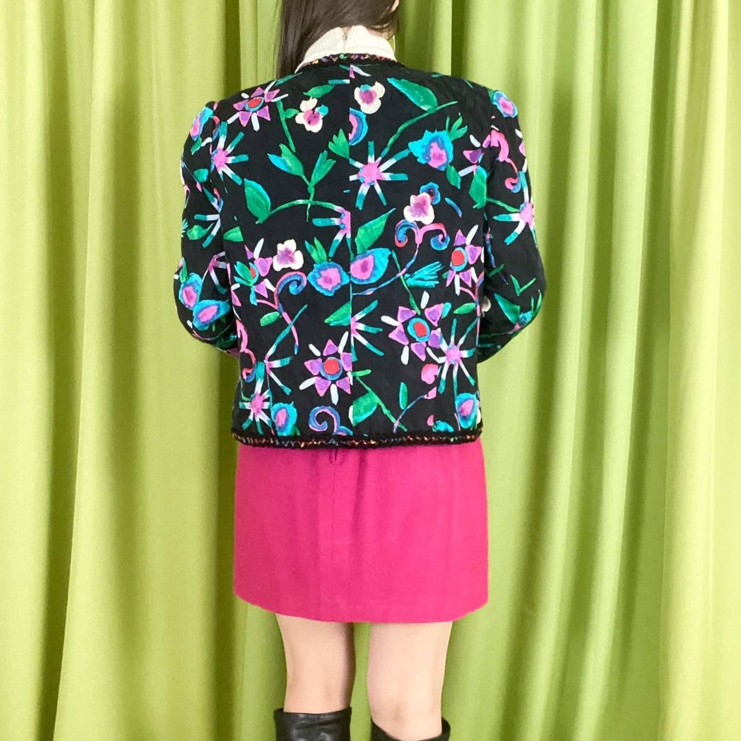 80s Vintage Black Teal and Hot Pink Floral Print 100% Silk Blazer