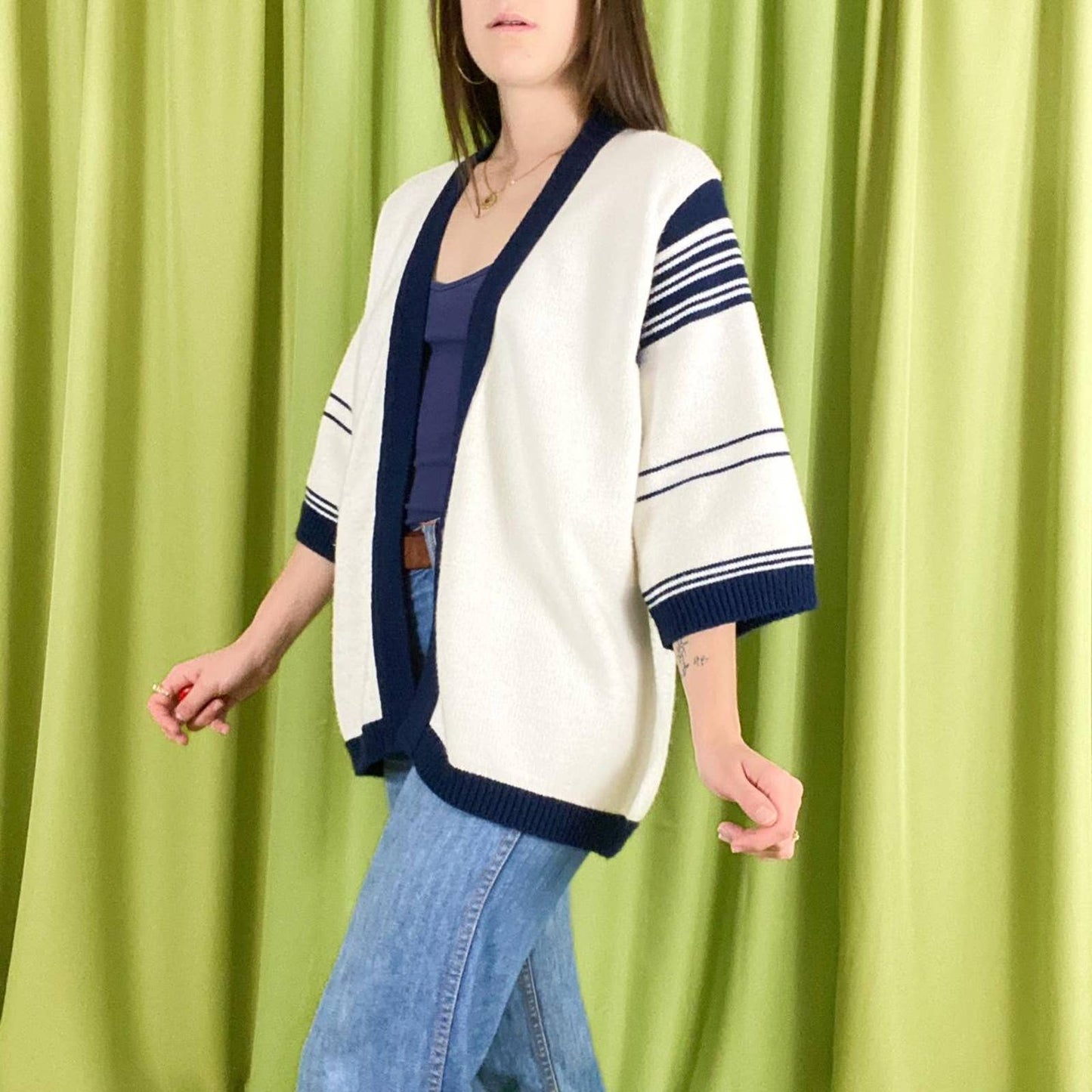 70s Vintage White and Navy Striped Wide Sleeve Open Knit Cardigan