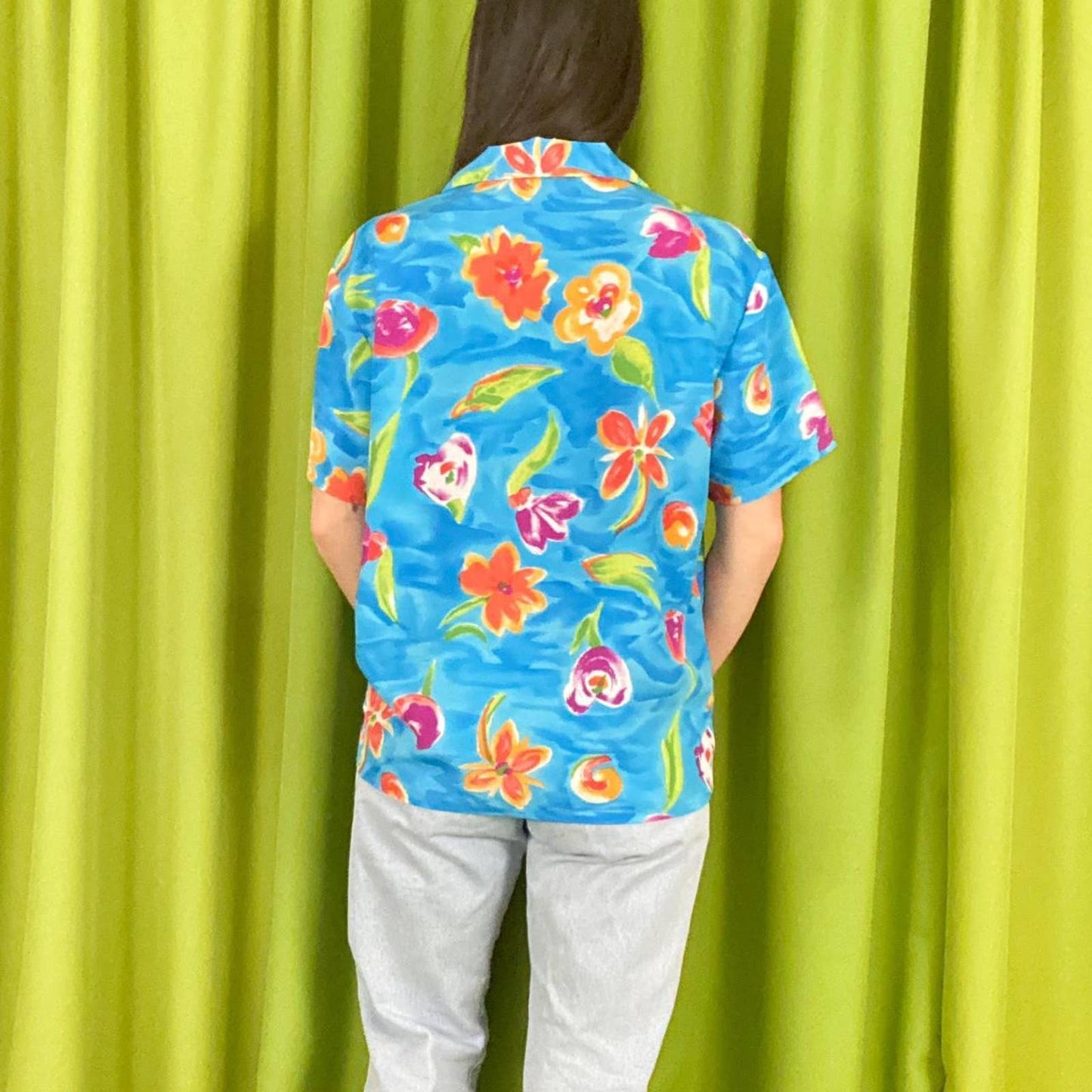 90s Vintage Blue Pink and Orange Flower Power Floral Print Button Down Shirt