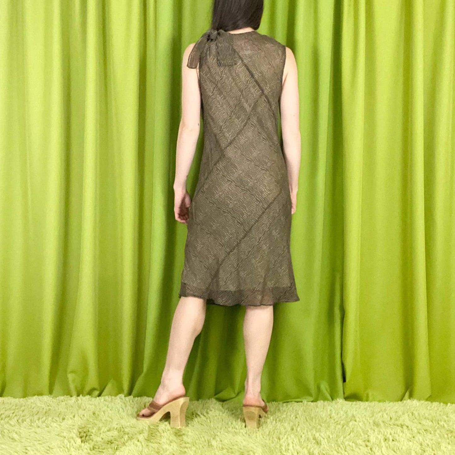 Y2K Vintage Tan and Black Swirl Print 100% Silk Sheath Dress with Bow